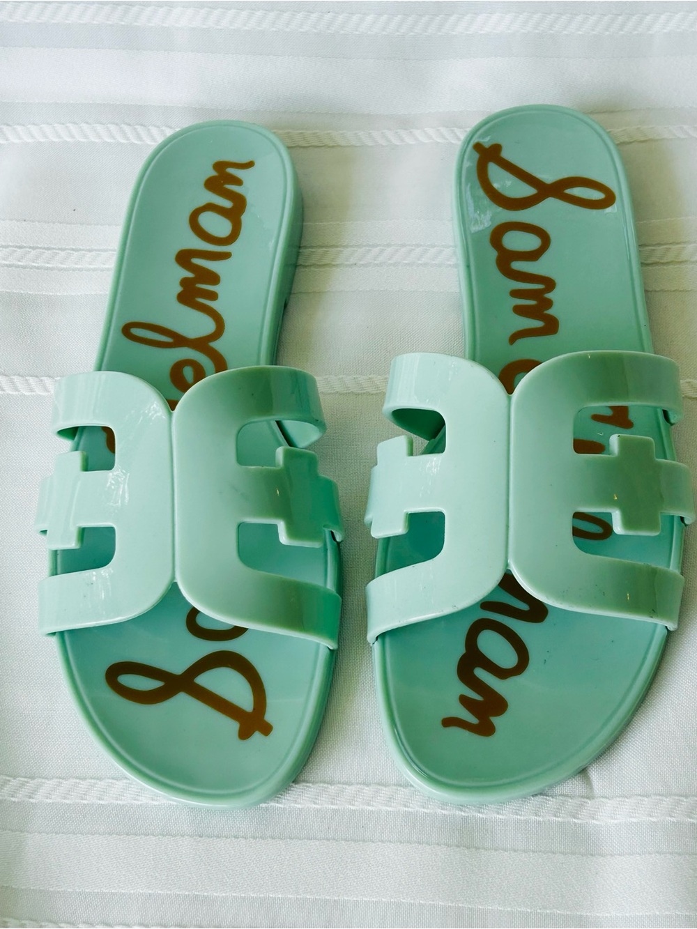 Sam Edelman Women’s 8 Mint Green Slides Sandals Plastic Shoes Gold Logo